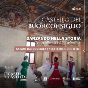 Locandina dell'evento raffigurante quattro ballerine di Danticadanza che ballano in un castello.